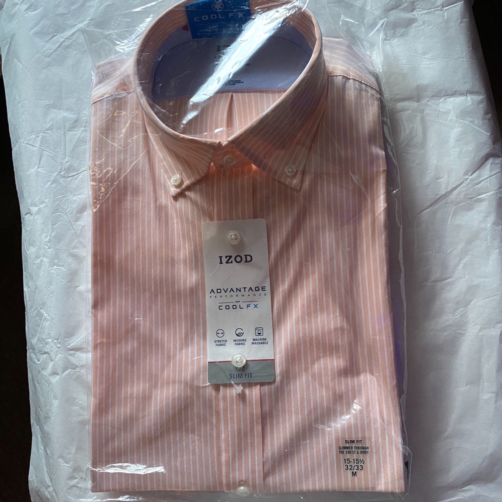 NWT IZOD MEN’S Dress Shirt Melon Pinstripe